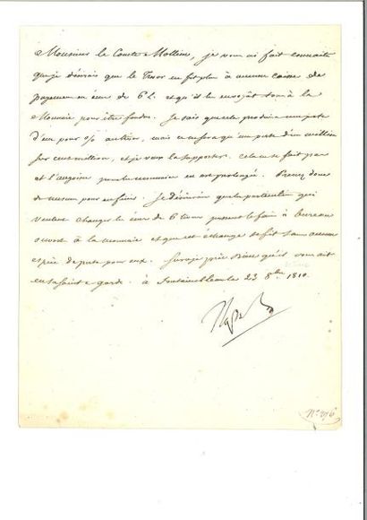 null NAPOLÉON Ier. Lettre signée « Napol » au ministre du Trésor public Nicolas-François...