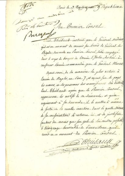 null BONAPARTE (Napoléon). Apostille signée « Bonaparte » en qualité de Premier Consul...