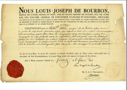 null CONDÉ (Louis-Joseph de Bourbon, prince de). Pièce signée, contresignée par le...