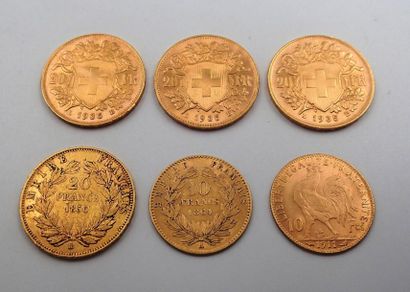 null PILOT DE SIX PIECES en or jaune dont trois pièces de vingt Francs Suisse (1935),...