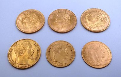 null PILOT DE SIX PIECES en or jaune dont trois pièces de vingt Francs Suisse (1935),...
