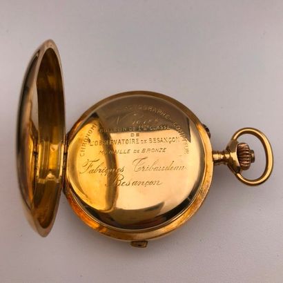 null A yellow gold pocket watch.
Cadran en émail blanc, minuterie chemin de fer,...