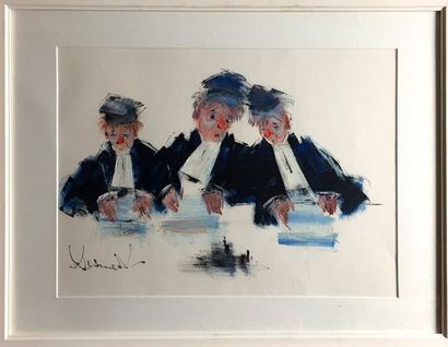 null LUCIEN DESMEDT (1919-1993) Les trois avocats Gouache sur papier Signé en bas...