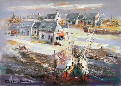 null LUCIEN DESMEDT (1919-1993) Port en Bretagne Huile sur toile Signée en bas à...
