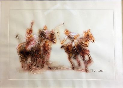 null LUCIEN DESMEDT (1919-1993) Le match de polo Gouache sur papier Signé en bas...