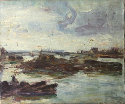 null René THOMSEN (1897-1976) Barques et ponton, Charenton Huile sur toile Signée...