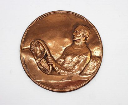 null Emile MONIER (1883-1970) « Le pilote » Grand médaillon en bronze, profil de...