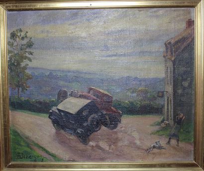 null «  6 tableaux à thème automobile » - « Elegante au bois », attribuée à E.Marmeh...