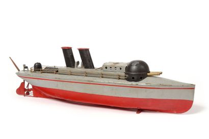 null BING GBN : Grande canonnière à 2 cheminées, mécanique, tôle peinte gris et rouge,...