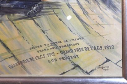 null  BOSSWALL A. « Peugeot à Brooklands » Lithographie signée et datée 1913 en bas...