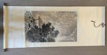 null CHINE Rouleau de peinture, encre sur papier représentant un paysage montagneux,...