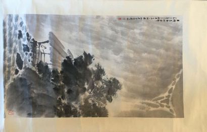 null CHINE Rouleau de peinture, encre sur papier représentant un paysage montagneux,...