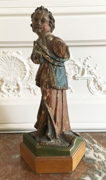 null SAINT en bois sculpté et polychromé sur socle en bois (rapporté) XVIIème siècle...