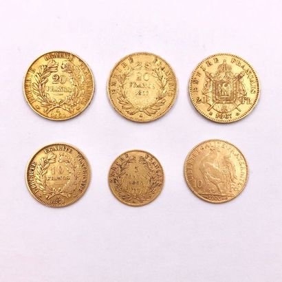 null SIX PIECES en or jaune comprenant trois pièces de vingt Francs dont une République...
