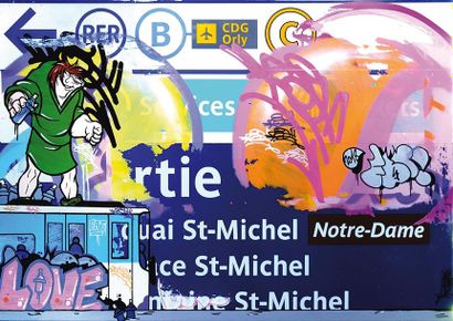 null FAT (Né en 1990) Saint Michel, 2018 Aérosol et acrylique sur plaque émaillé...