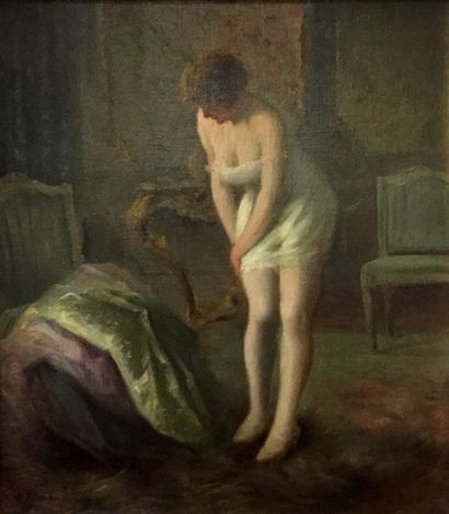 null Hermann DELPECH (1865-?) La Dame à la jarretière Huile sur toile signée en bas...