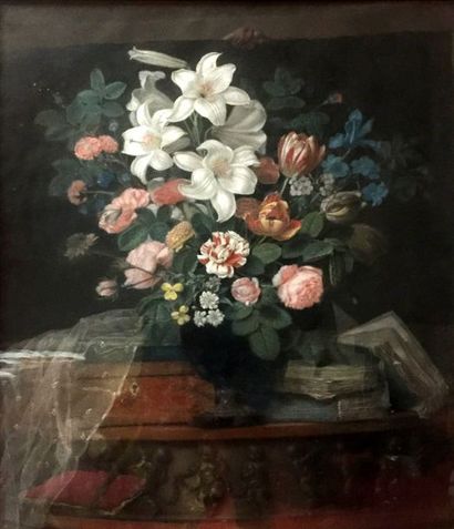 null ECOLE FRANCAISE début XIXème siècle Bouquet de fleurs sur un entablement Pastel...