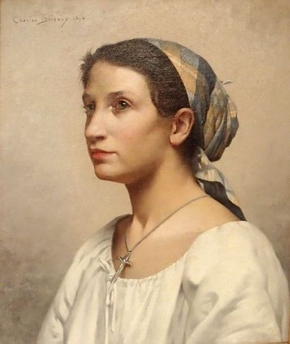 null Jules-Charles BRICOUX (XIX-XX) Portrait d'une paysanne Huile sur toile (rentoilage)...