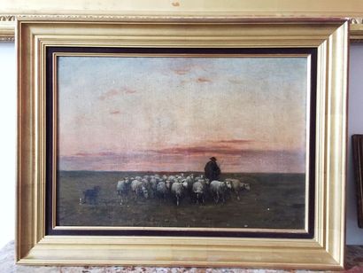 null Victor LAINE (1830-1911) Troupeau de moutons Huile sur toile Signé en bas à...