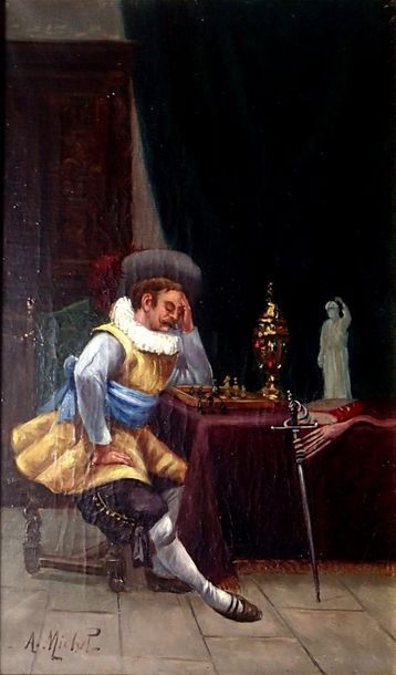 null A. MICHEL (XIX-XX) Le fumeur et le joueur d'échec Paire d'huiles sur toiles...