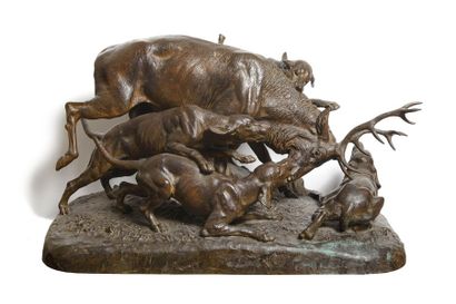 null Isidore Jules BONHEUR (1827-1901) Quatre chiens attaquant un cerf sur un tertre,...