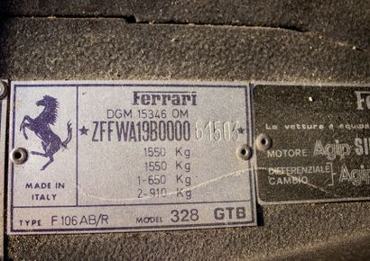 1986 FERRARI 328 GTB Numéro de série ZFFWA19B000061503

Carnet d’entretien tamponné...