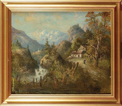 null Charles HENRY (XIX-XX) Paysage de montagne Huile sur toile marouflée sur panneau...
