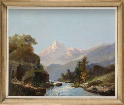 null Emile GODCHAUX (1860-1938) Paysage de montagne Huile sur toile Signé en bas...