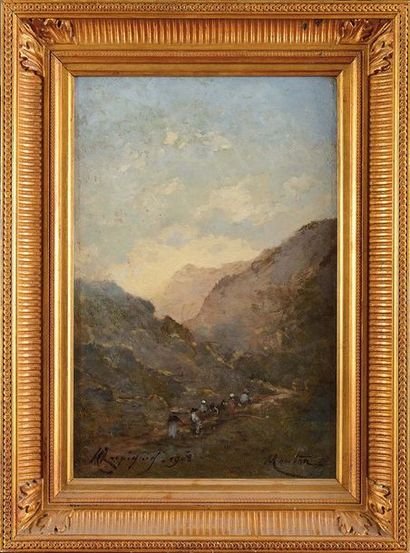 null Henri-Joseph HARPIGNIES (1819-1916) Paysage montagneux Huile sur panneau parquetée...