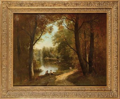 null Nicolas ROUSSEAU (XIXe siècle) Paysage animé au bord de l’étang Huile sur toile...