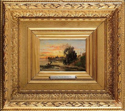 null 130. Alexandre-René VÉRON (1826-1897) Paysage à l’étang Huile sur panneau Signé...