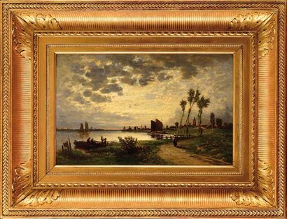 null Auguste ANASTASI (1820-1889) Bord de lac au clair de lune Huile sur panneau...