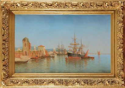 null LAVERGNE (XIX)
Vue d’un port oriental
Huile sur toile
Signé et daté 1873 en...