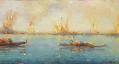 null P. GILLINI (XIXe-XXe siècles) La lagune à Venise Huile sur carton Signé en bas...