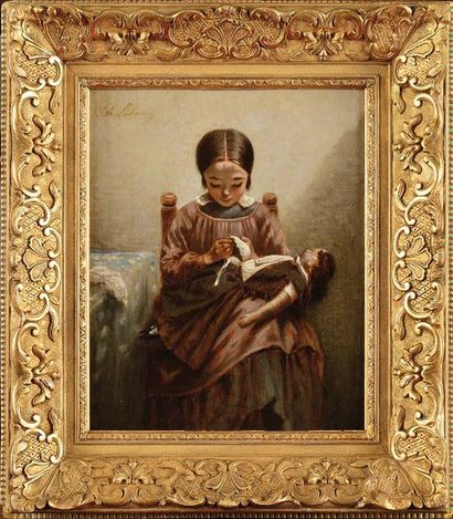 null Théodore Frédéric SALMON (1811-1876) Petite fille cousant pour sa poupée Huile...