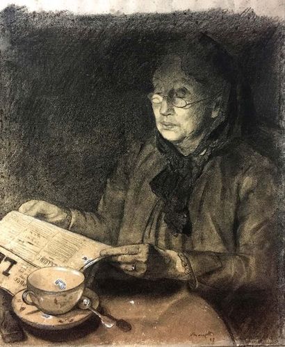 null Ecole française du XIXe siècle Femme lisant le journal Fusain, rehauts de gouache...