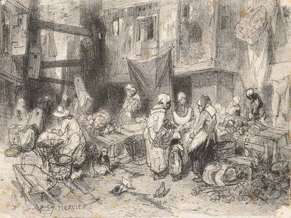 null Louis Adolphe HERVIER (1818-1879) Le marché normand Crayon noir Signé et daté...