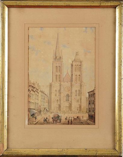 null François Étienne VILLERET (c.1800-1866) Cathédrale de St-Denis Aquarelle Signé...