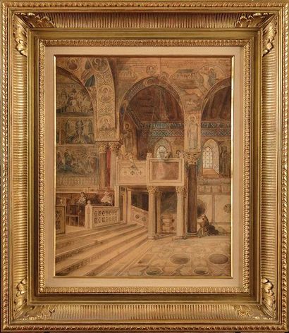 null A. PAULI (XIX) Chaire de prédiction de la cathédrale de Monreale à Palerme Aquarelle...