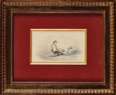 null Pierre Edouard FRERE (1819-1886) Scène galante Crayon noir, rehaut de gouache...