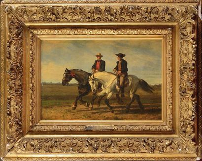 null Jules Jacques VEYRASSAT (1828-1893) Les deux cavaliers Huile sur toile Signé...