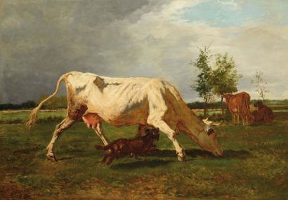 null Constant TROYON (1810-1865) Vache importunée par un chien Huile sur toile Signé...