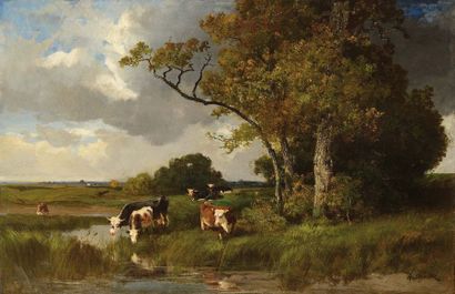 null Alexandre DEFAUX (1826-1900) Vaches à l’abreuvoir Huile sur toile Signé en bas...