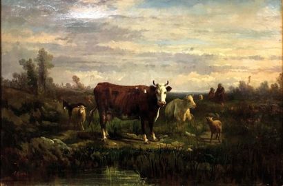 null Andrés CORTÉS (1810-1879) Couple de bergers et son troupeau Huile sur toile...