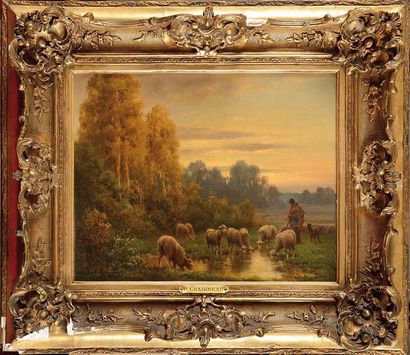 null Paul CHAIGNEAU (1879-1938) Berger et ses moutons à la mare Huile sur toile Signé...