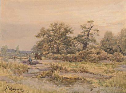 null Jean-Ferdinand CHAIGNEAU (1830-1906) Prairie avec un paysan Aquarelle et crayon...