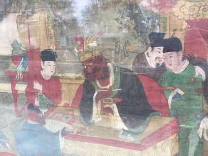 null CHINE Tangka polychrome sur papier représentant probablement Guan Yu entouré...