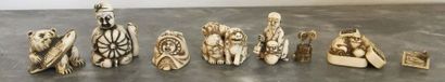 null JAPON Ensemble de 6 netsukés en ivoire sculpté de personnages et animaux Début...