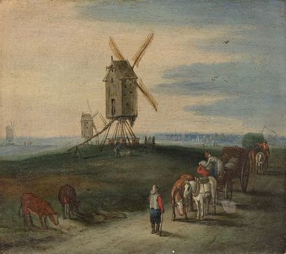 null Attribué à Jan BRUEGHEL II (1601- 1678) Paysage au moulin Vue d'un canal traversant...