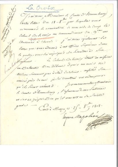 null EUGÈNE DE BEAUHARNAIS. Lettre signée « Eugène Napoléon » en qualité de vice-roi...